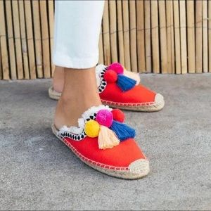 Soludos red Pom Pom slides. Size 7.